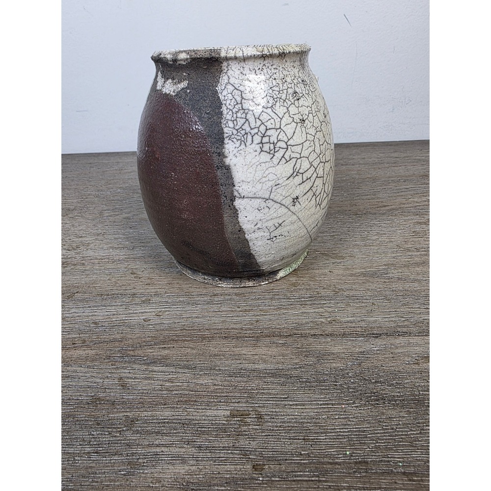 Studio Pottery Raku Vase Handcrafted Crackle Glaze Leaf Impression Signed Art